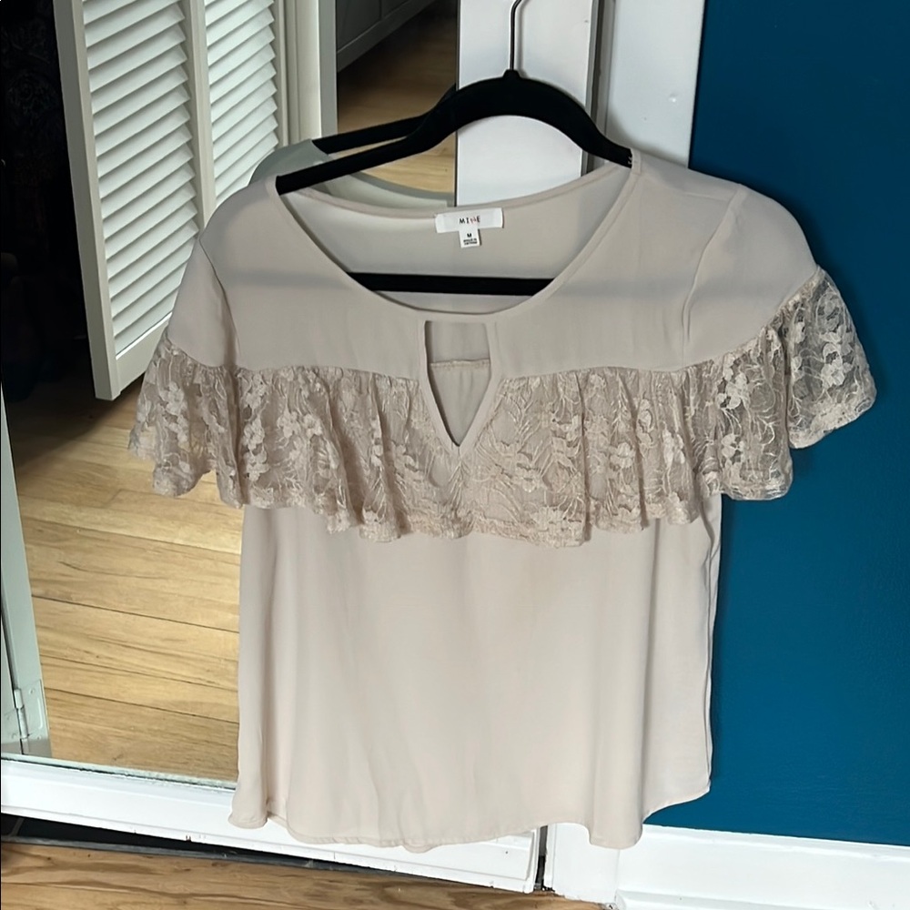 Mine Tan Ruffled Blouse with Cut Out